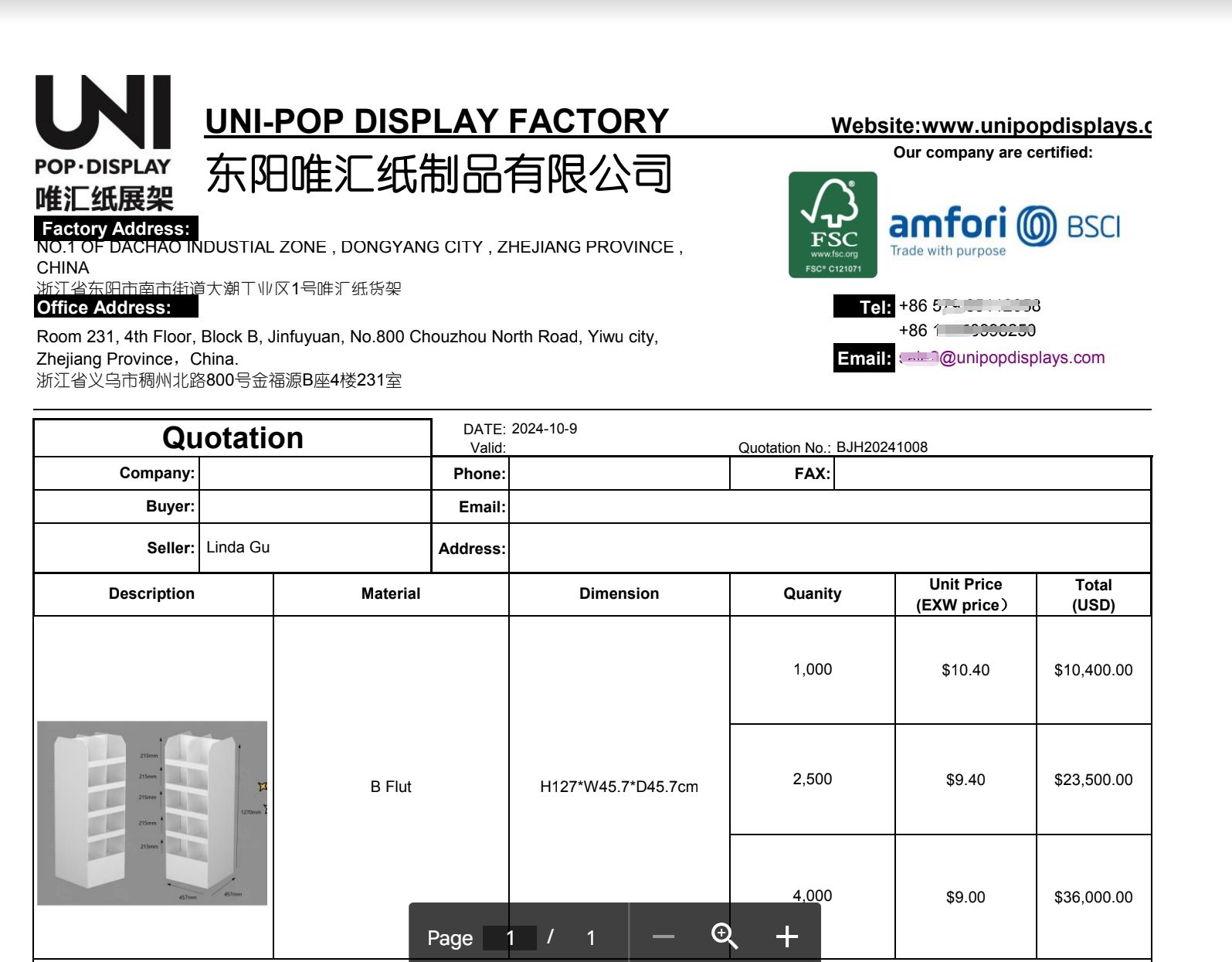 UNI POP Displays Quotation Sample