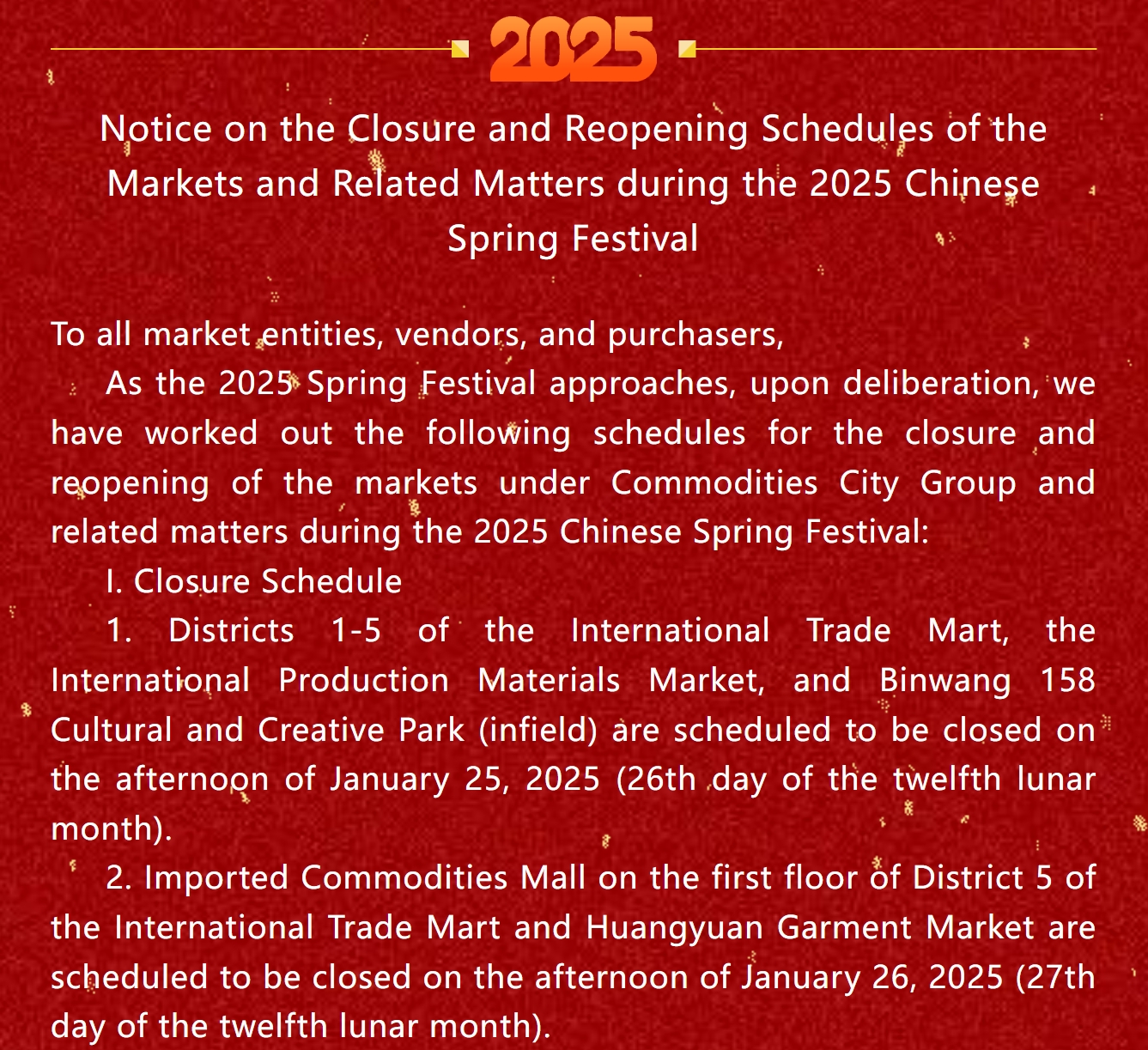 Yiwu Market Close and Open Dates for 2025 Chinese New Year Holiday