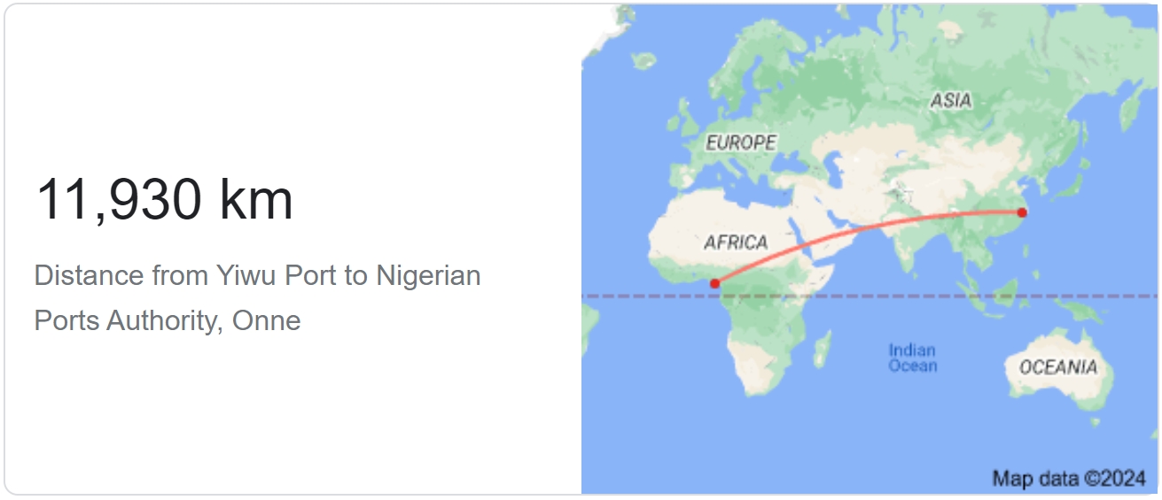 Distance from Yiwu port China to ONNE port Nigeria