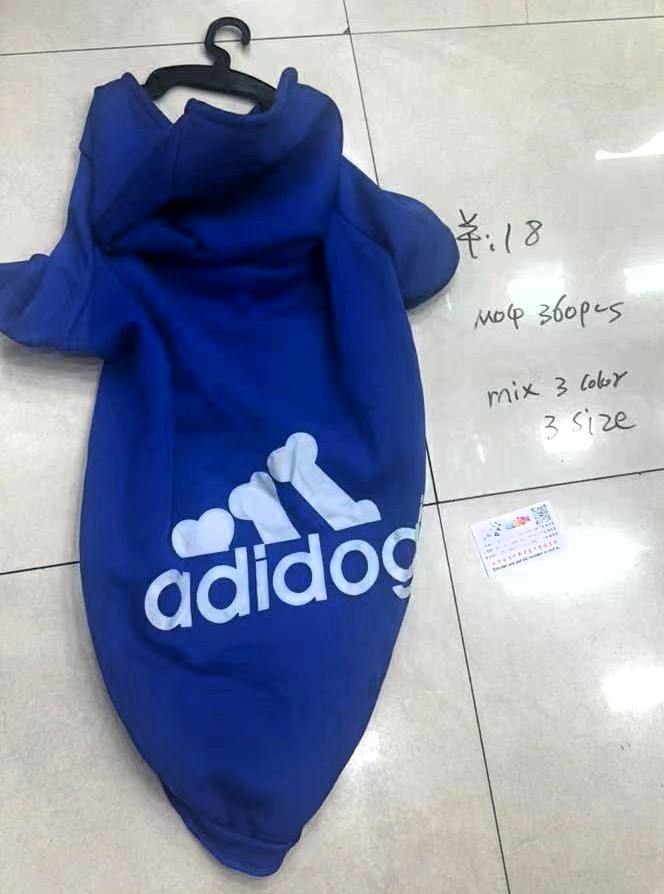 An interesting design called adidog dog clothes costs 18 RMB(about 2,50USD) in Yiwu market, China. -Sep.10, 2024.