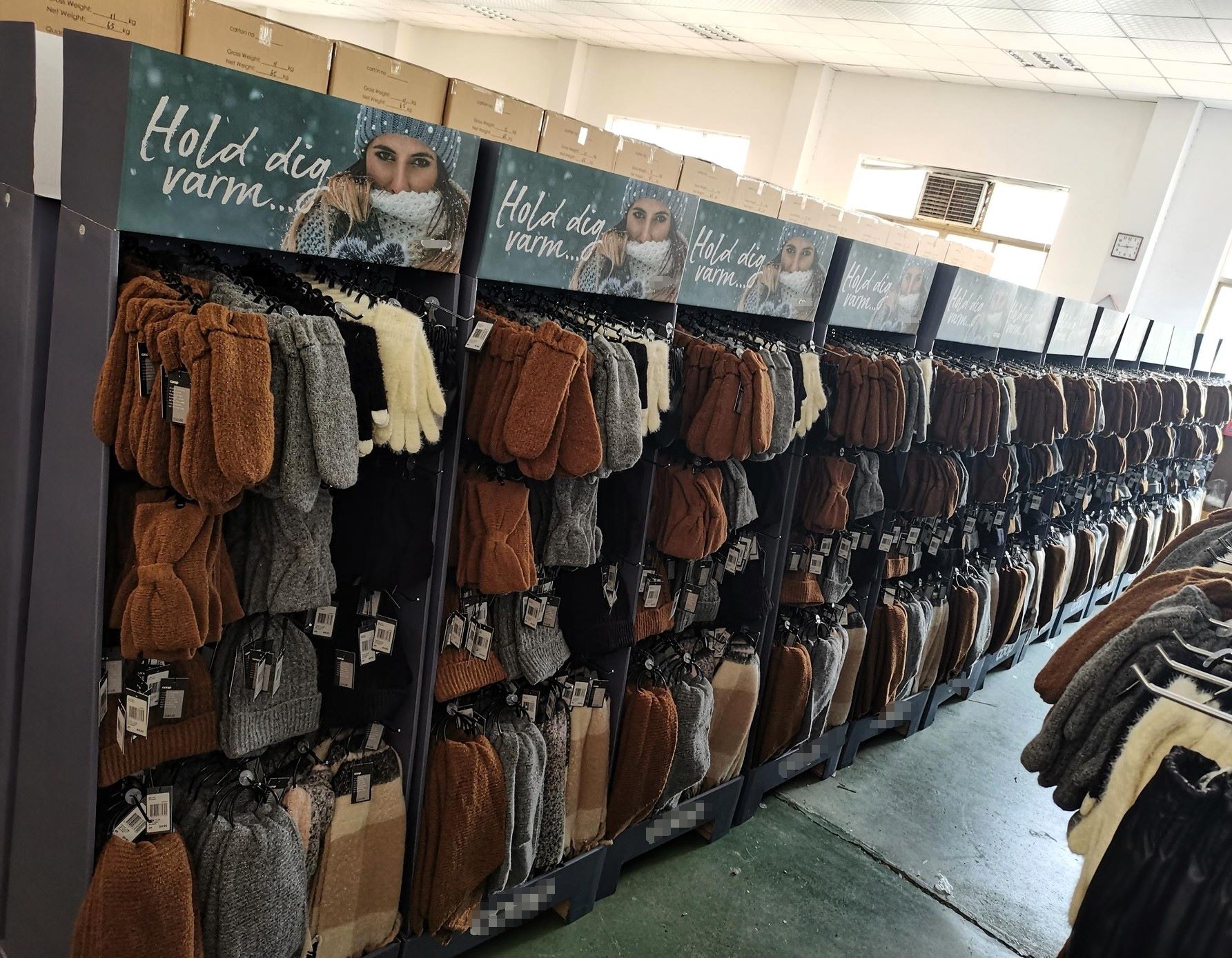 pop displays filled with hats, gloves, shawls... winter products