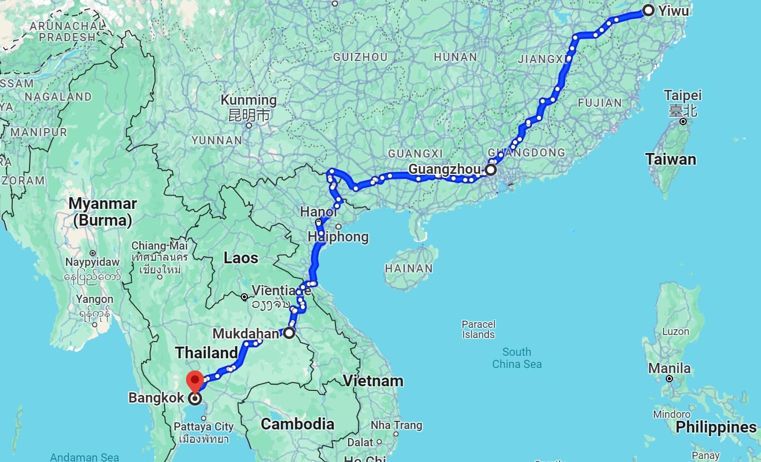 shipping from Yiwu, China to Bangkok, Thailand, By Road. July 23, 2024.