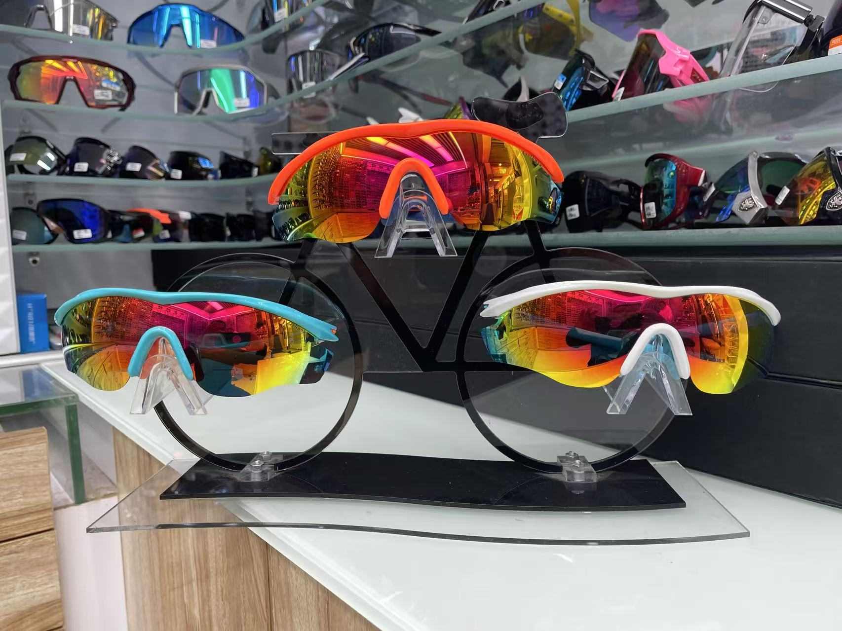 Cycling(biking) sunglasses with bike shape display in Yiwu market, China. | Dec. 24, 2024.