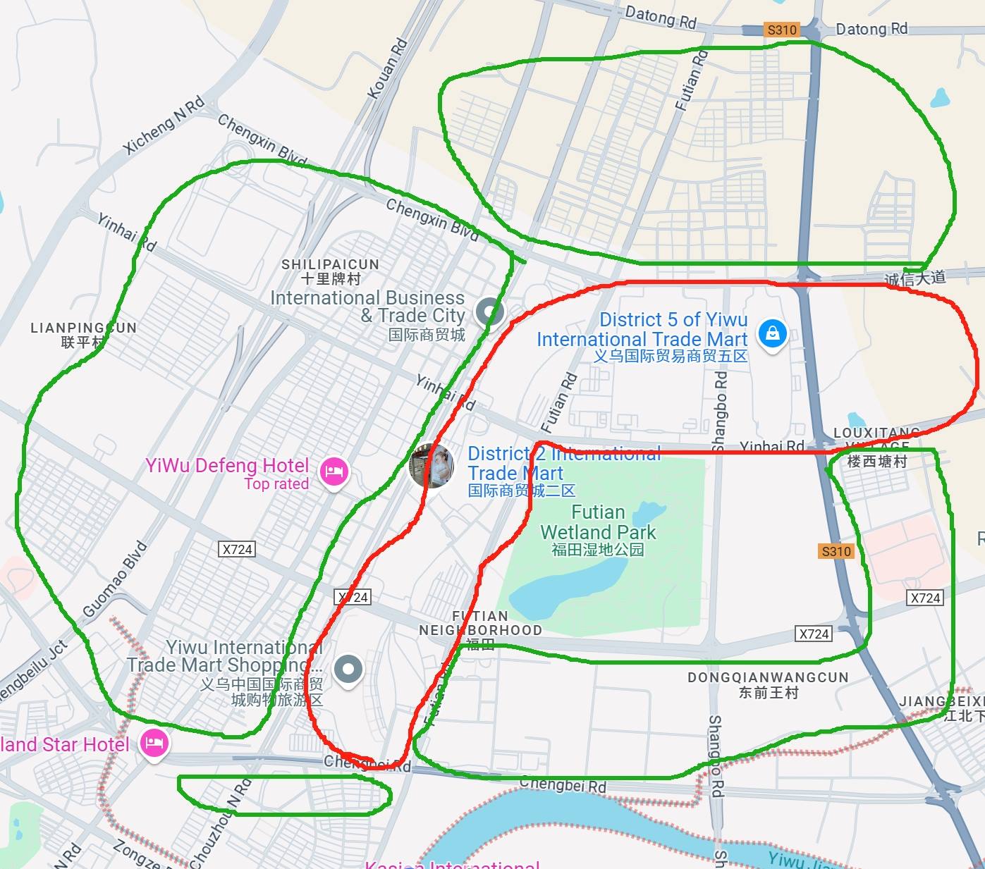 RBD areas (office, apartment, warehouse locations) in Yiwu city, China.